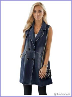 Sleeveless Long Denim Vest with Pockets Casual Distressed Lightweight Western